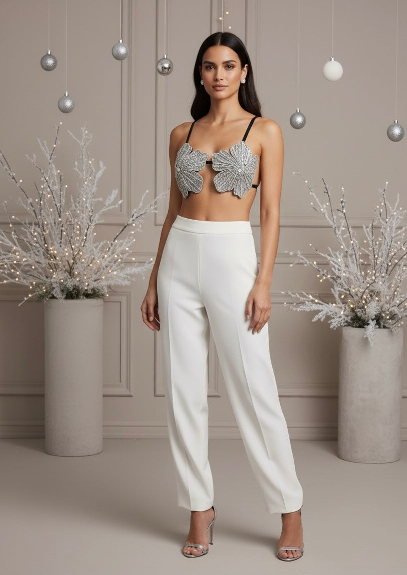 Top Artesanal, Bordado com cristais reluzentes, bordado floral elegante