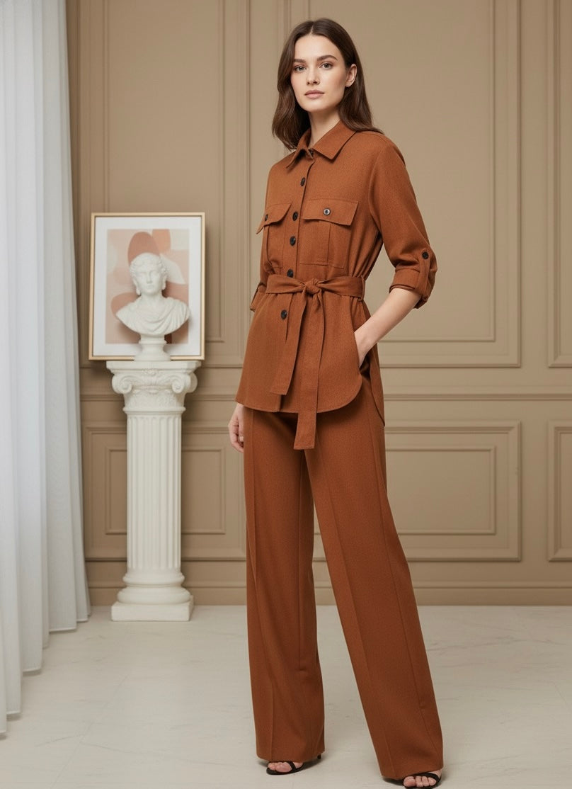 Conjunto Casual Feminino com Cinto, Camisa de Linho e Calça