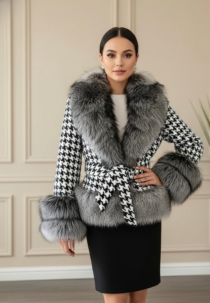 Casaco com Manga e gola de Pelo Pied-de-Poule