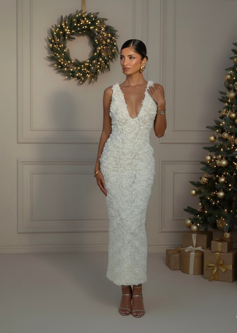 Vestido Longo Elegante com Decote V e Flores 3D – Modelo Slim, Sem Mangas, Midi/Maxi