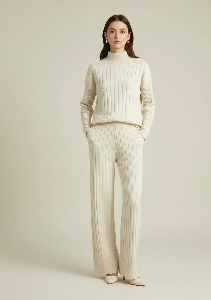 Conjunto Tricô Grosso com Blusa Gola Alta e Calça de Cintura Alta