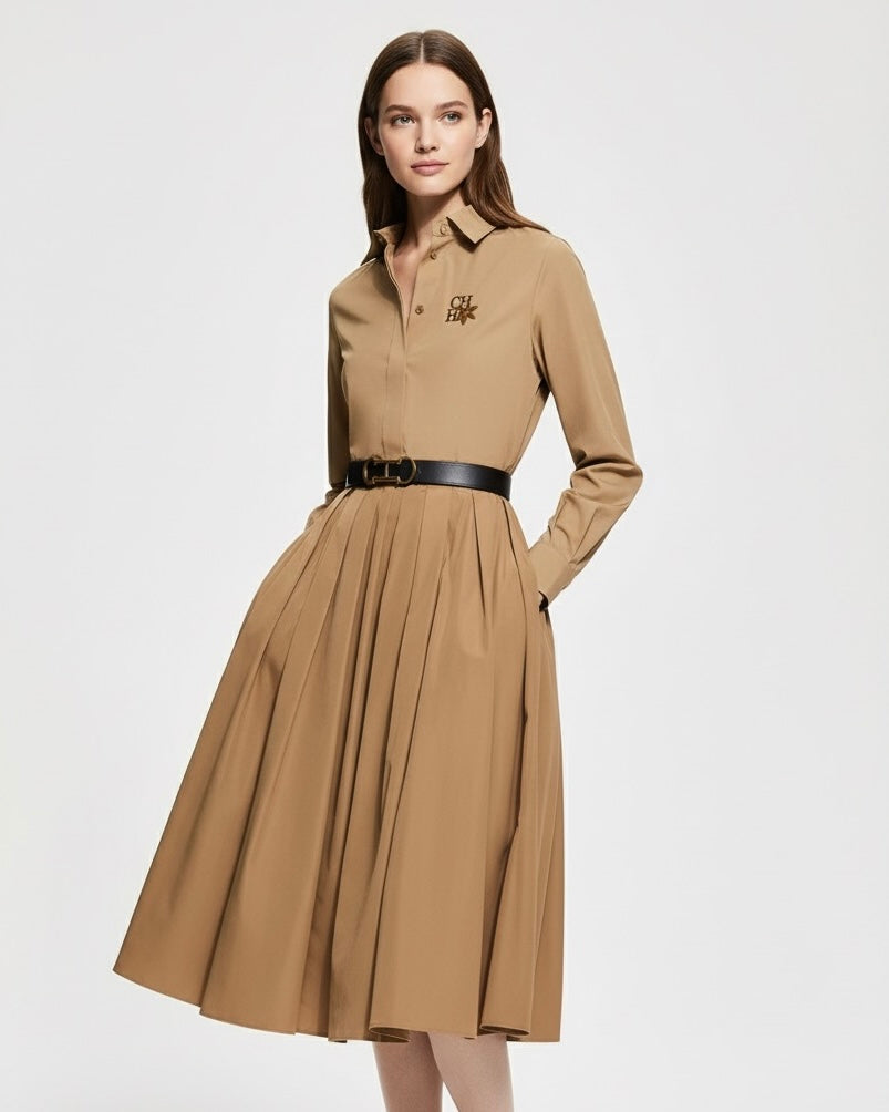 Conjunto CHCH – Camisa Bordada + Saia Midi Plissada Casual Chic