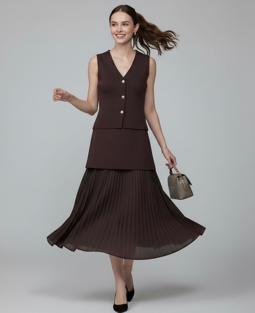 Conjunto – Toque Retrô Elegante, Blusa Tricotada Sem Mangas + Saia Longa Moderna