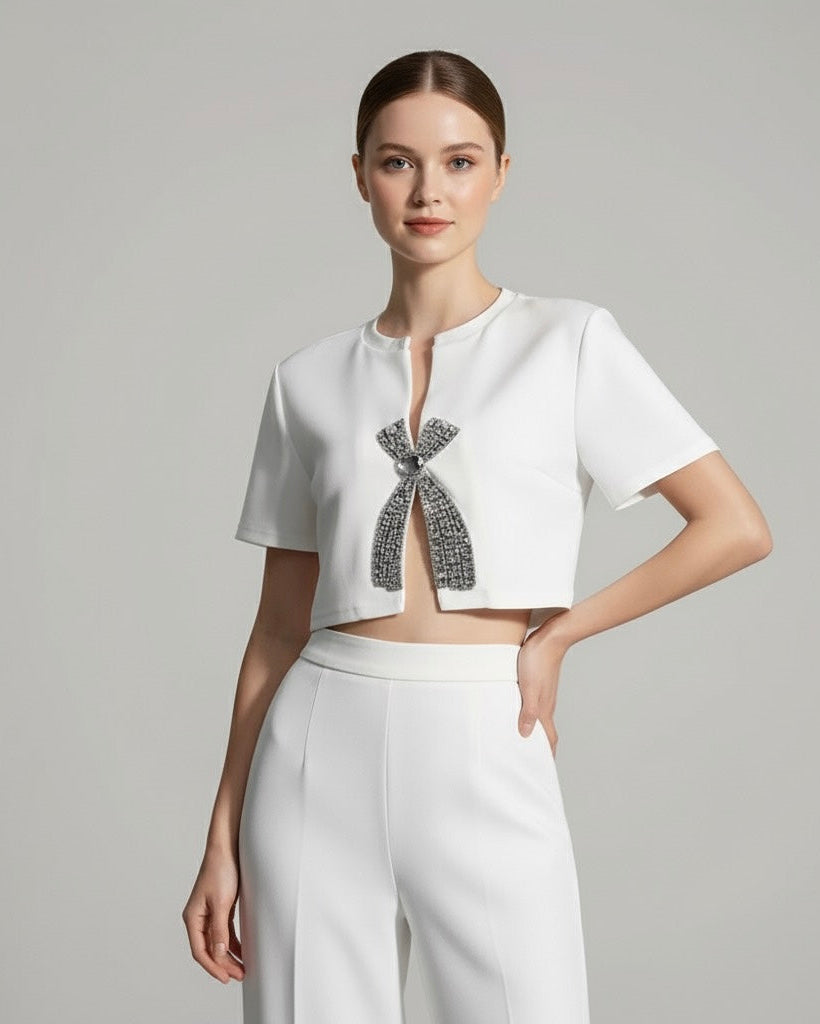 Camiseta cropped Bordada com cristais