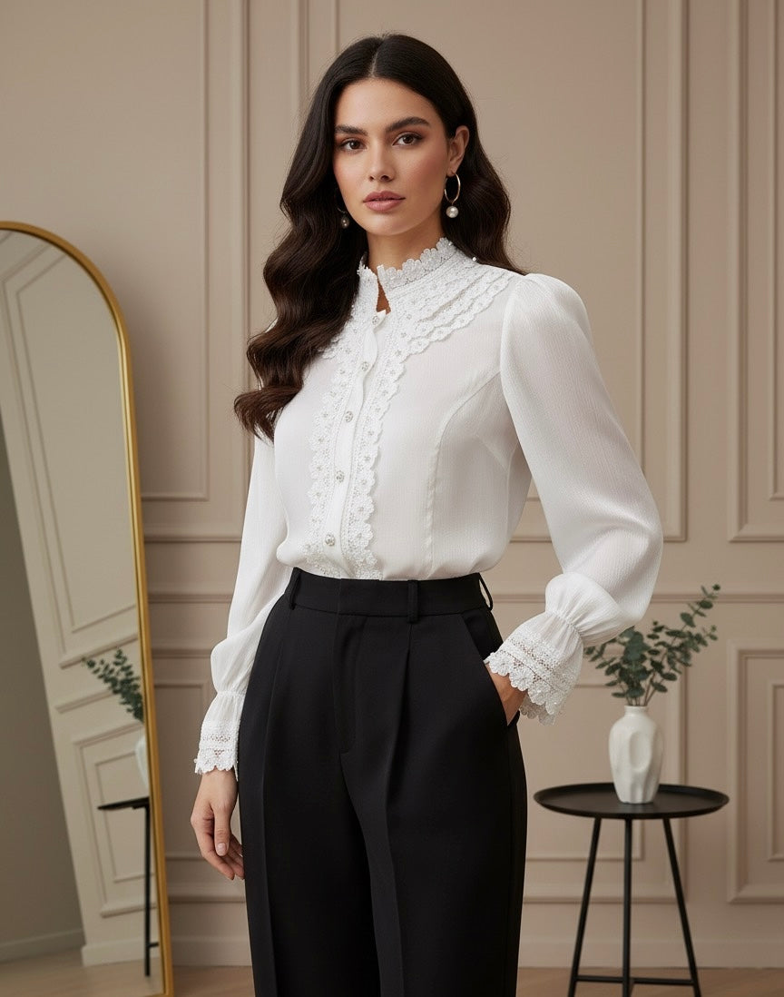 Camisa em Seda Bordada com renda e botões em cristais