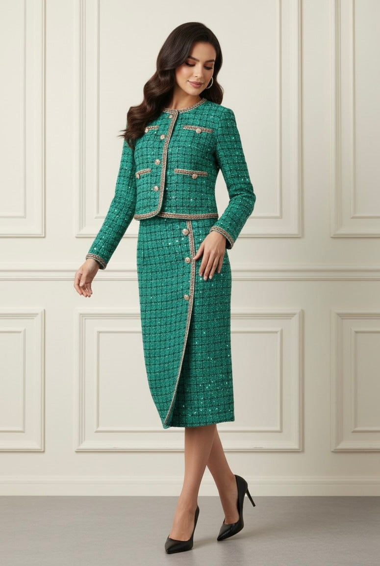 Conjunto Tweed com Saia e Blazer – Elegância e Sofisticação