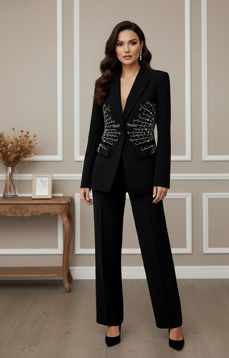 Conjunto Detalhes em Pedrarias - Blazer de Botão Único e Calça Reta – Elegância