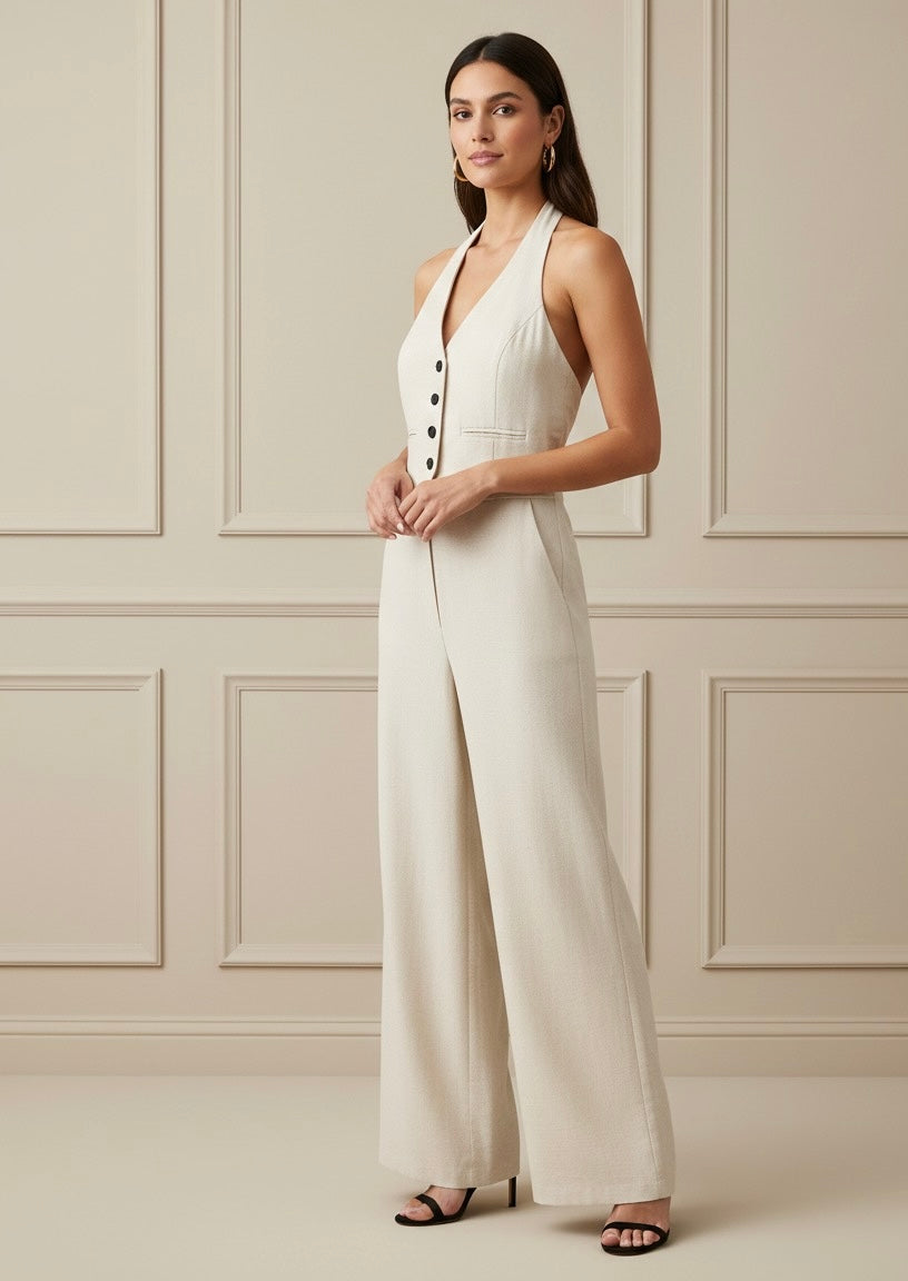 Macacão Alfaiataria – Bege, Decote V, Costas Abertas e Botões Frontais