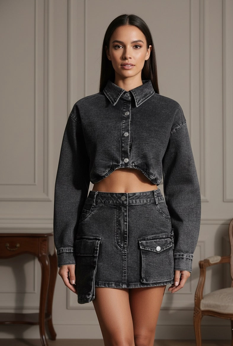 Conjunto Jeans top e saia cargo - Novidade