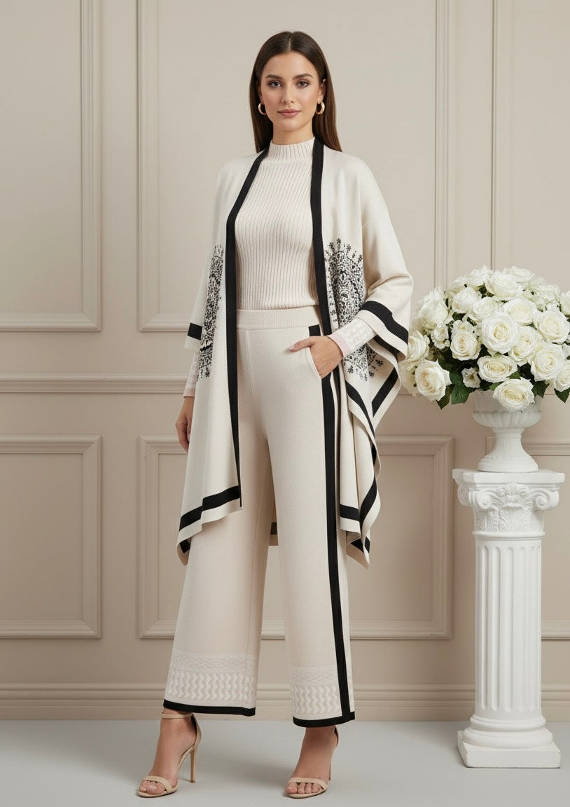 Conjunto Feminino 3 Peças em Tricô – Blusa, Pashmina e Calça Pantalona Cintura Alta