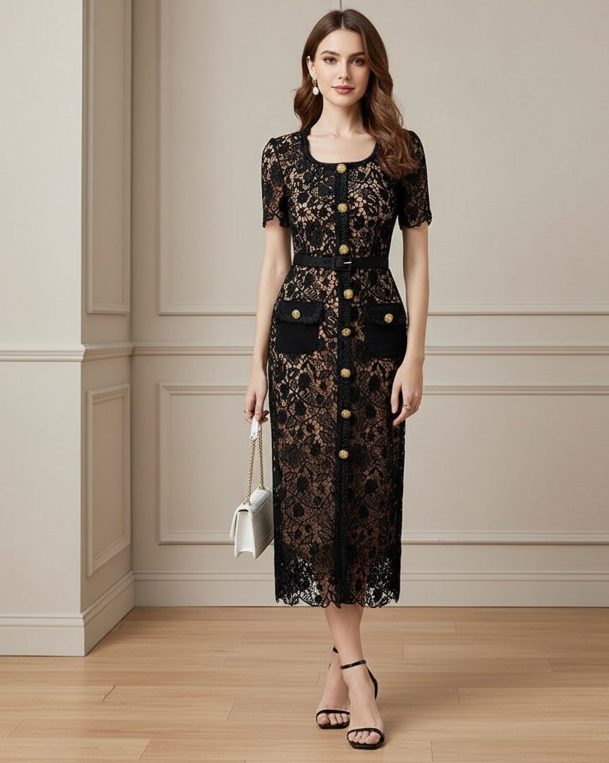 Vestido Renda Com Cinto - Luxo