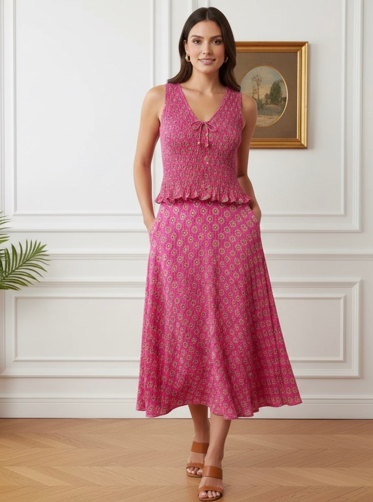 Conjunto Essence – Top Estampado em Favo & Saia Midi de Cintura Alta