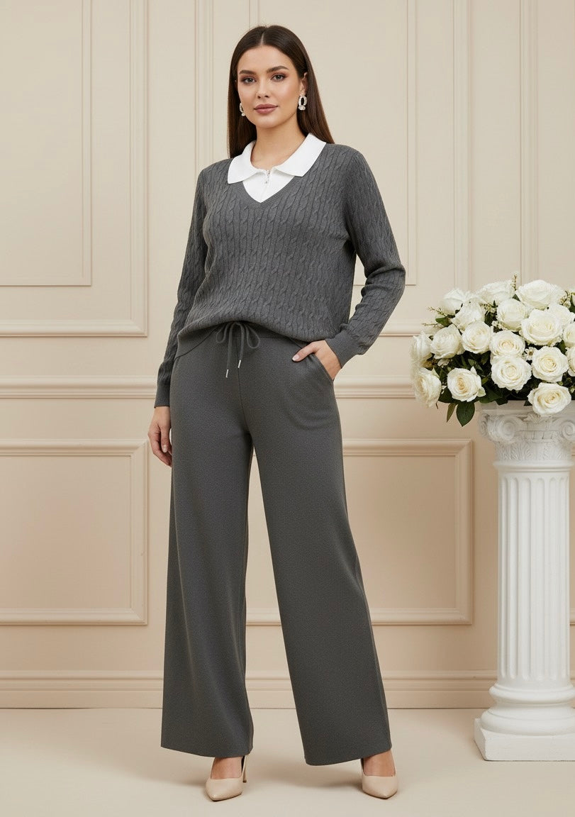 Conjunto Feminino Outono – Blusa Gola Lapela Estilo Camadas com Calça de Cintura Alta