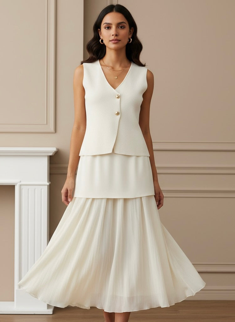 Conjunto Saia Midi Plissada e Colete Regata - Estilo Vintage