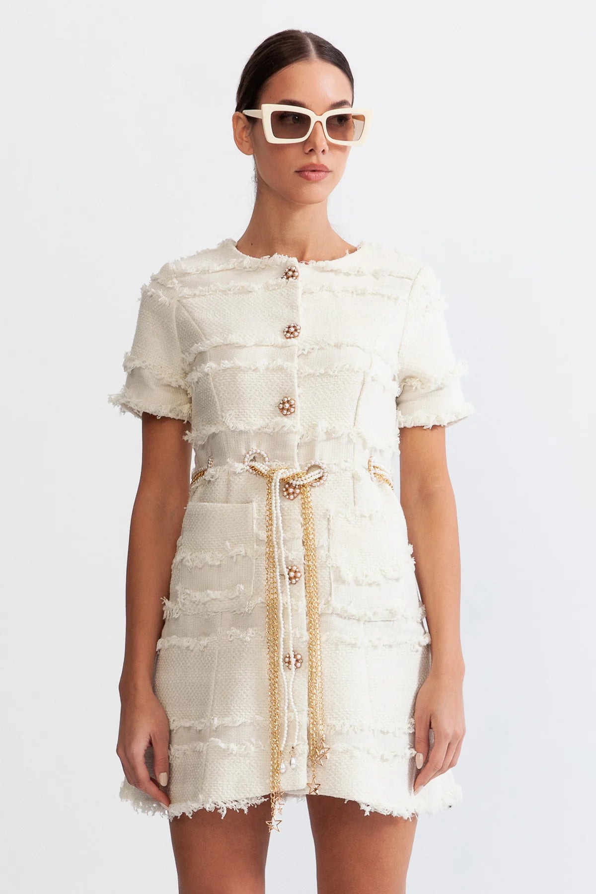 Vestido Tweed Com Cinto pérolas