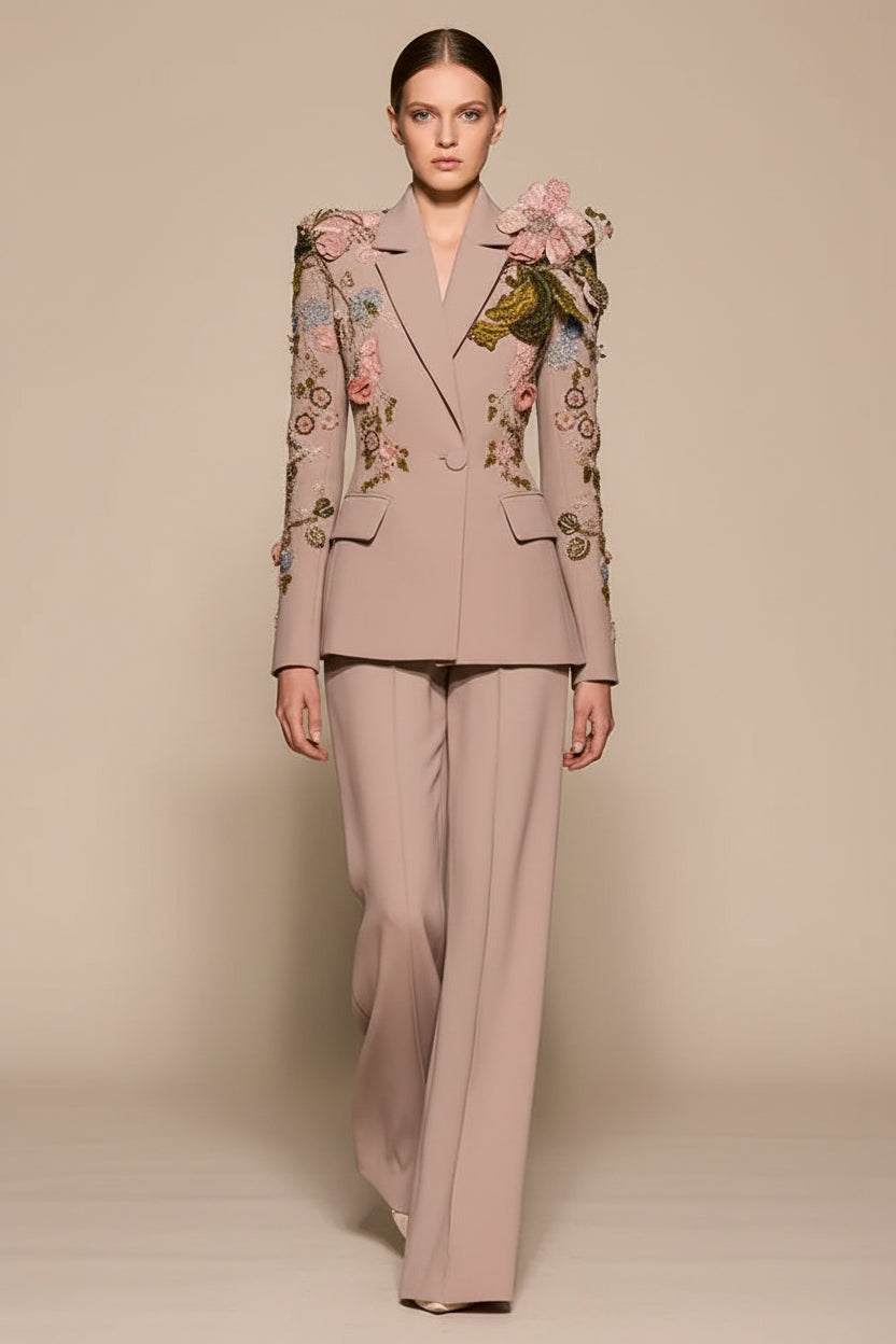 Conjunto Blazer Decorado em Bordado 3D e Calça Ampla Elegante
