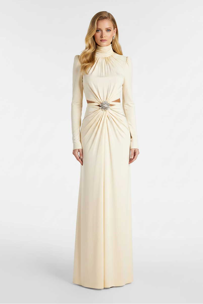 Vestido Longo Detalhes Vazados com Aplicação de Pedrarias e Brilhantes
