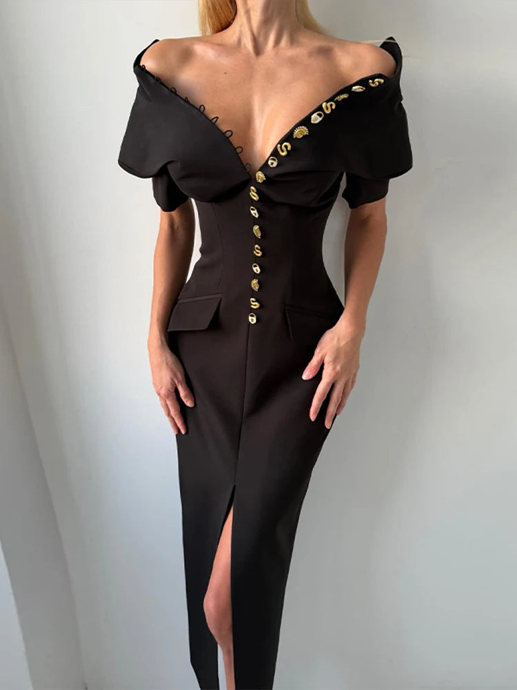 Vestido Midi Alfaiataria com Botões Dourados e Ombreira