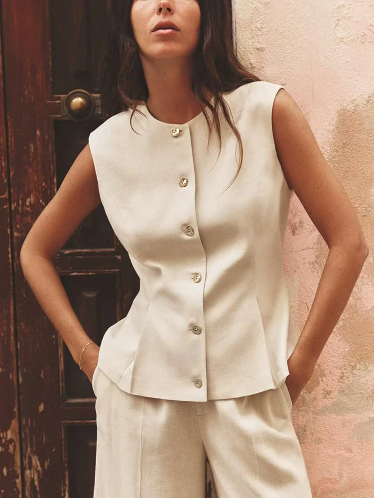 Colete Plissado em Linho Misto - Designer Elegante