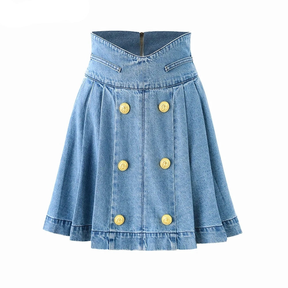 Saia Jens Cintura Alta Plissada - Elegante