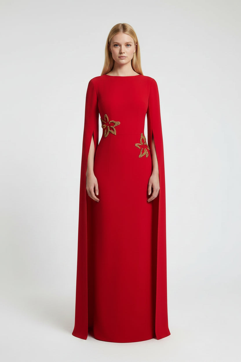 Vestido Longo de Luxo com Capa e Detalhes Reluzentes