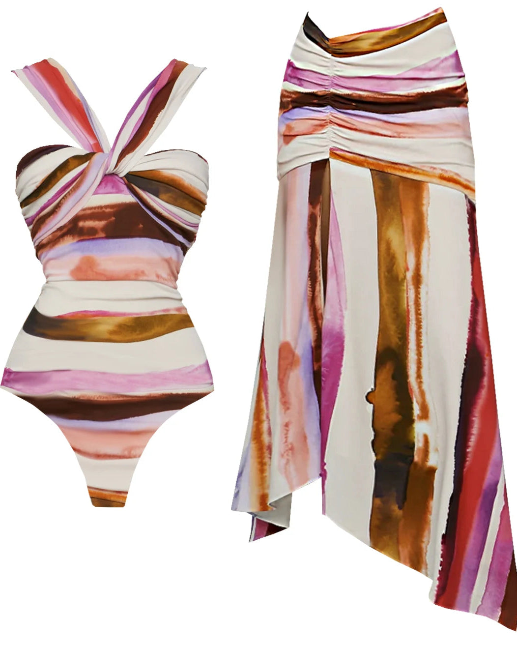 Conjunto Biquíni com Saia Longa Listrada