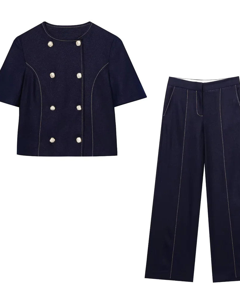 Conjunto Feminino – Blazer Curto com Botões Decorativos e Calça Reta Casual |