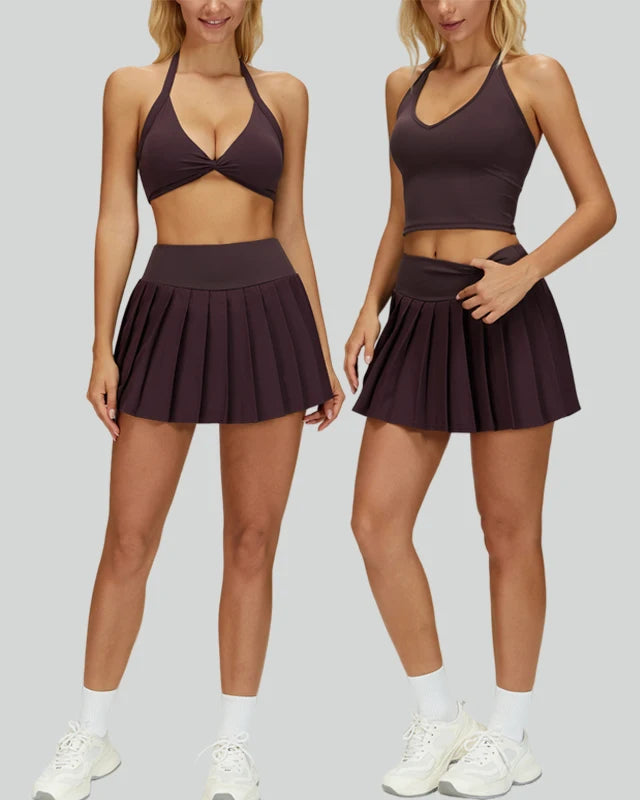 Conjunto Esportivo Feminino 2 Peças – Saia Plissada + Top Halter com Bojo | Tênis, Golfe e Treinos