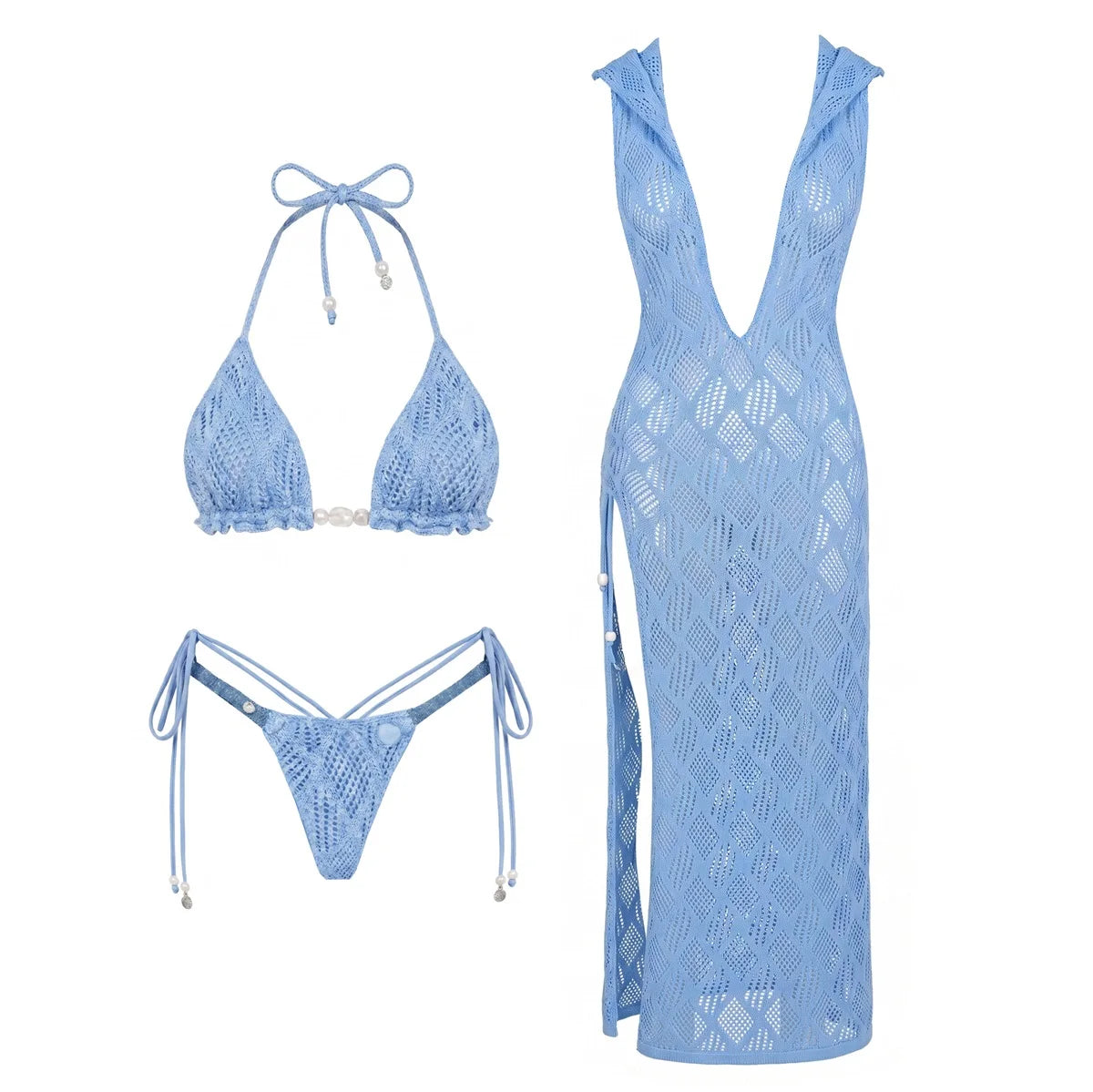 Conjunto de Biquíni em Crochê Artesanal com Vestido Saída de Praia