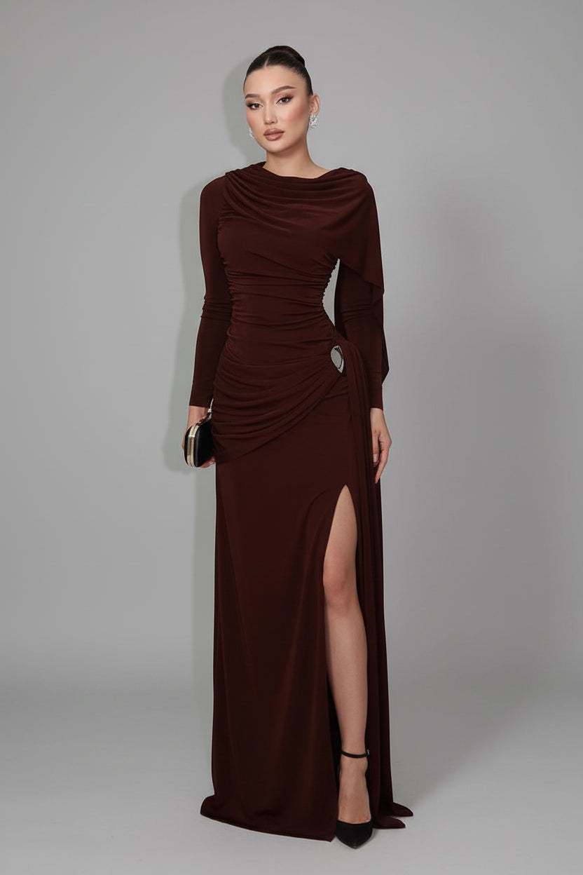 Vestido Longo Ajustado ao Corpo de Manga Longa com Franzido e Fita Lateral