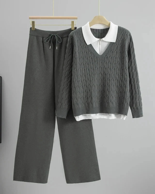 Conjunto Feminino Outono – Blusa Gola Lapela Estilo Camadas com Calça de Cintura Alta