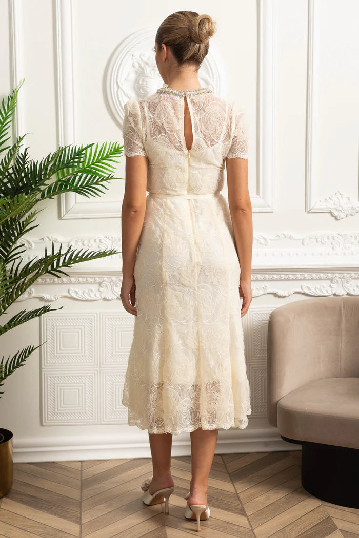 Vestido Longo – Luxo, Bordado em Renda, Detalhes com Diamantes e Cristais, Manga Curta Transparente, Modelo Midi