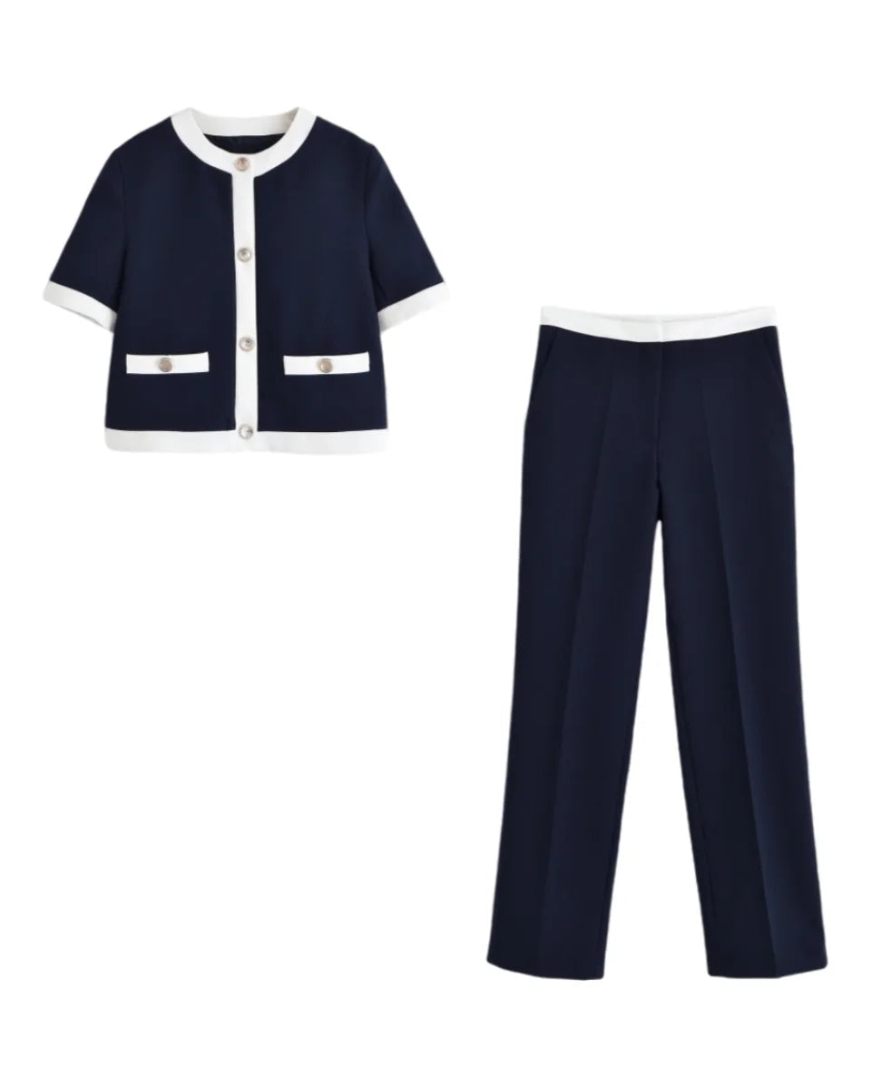 Conjunto Feminino Versátil – Blusa Básica com Recortes e Calça Reta Cintura Alta