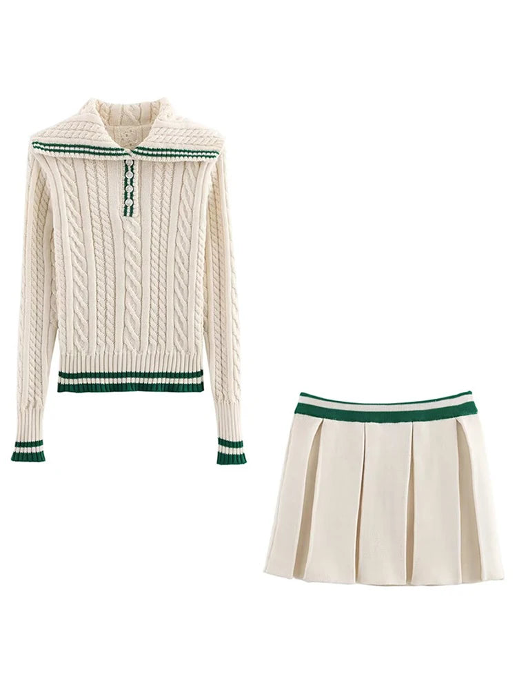 Conjunto Feminino Elegante de Tricô com Gola Lapel e Manga Longa