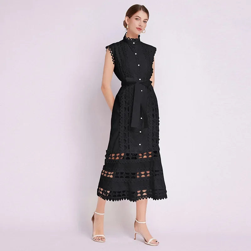 Vestido Elegante Slim – Renda Bordada e Gola Alta