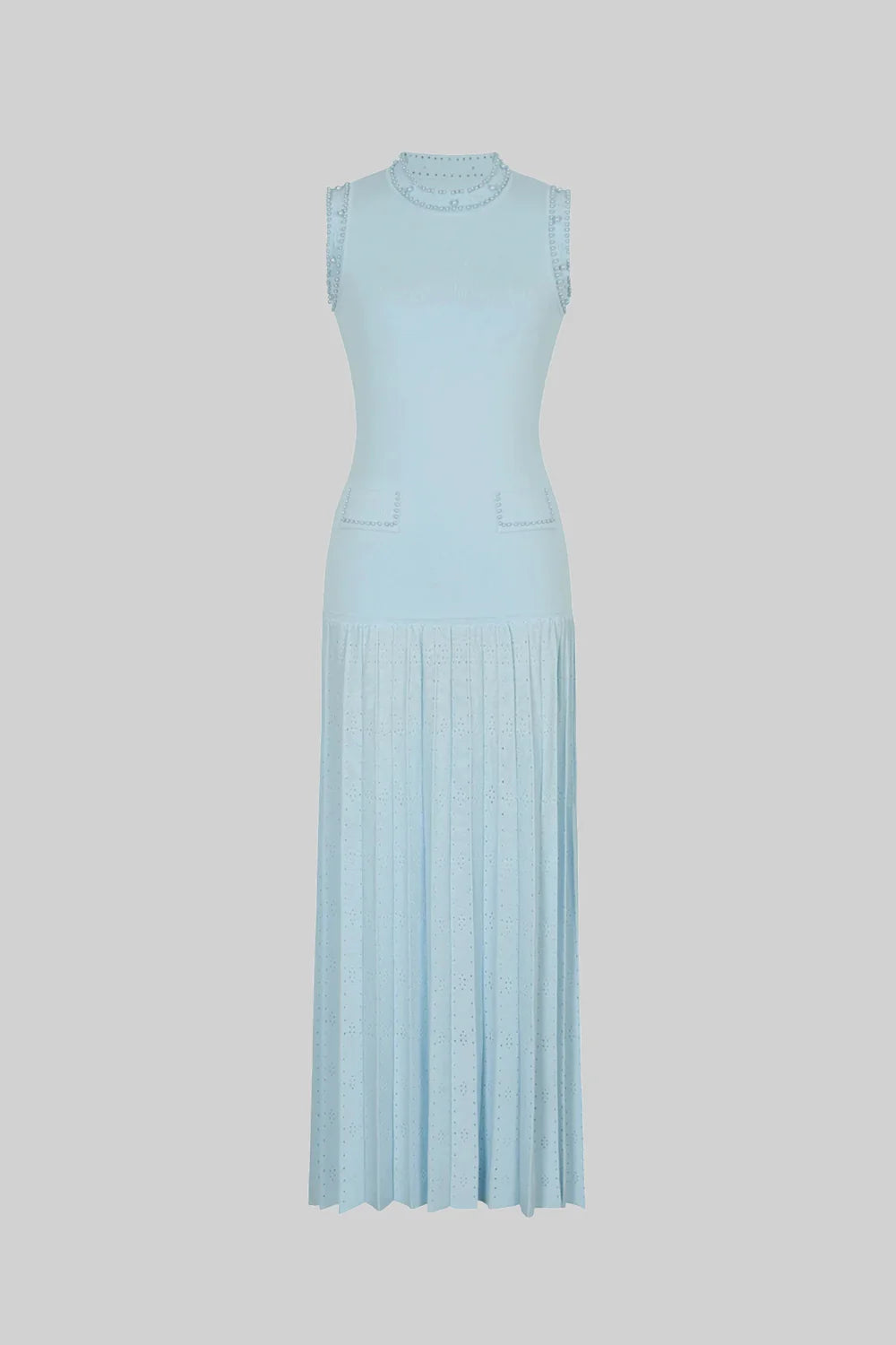Vestido Midi em Tricô com Aplicações de Pérolas – Azul Serenity