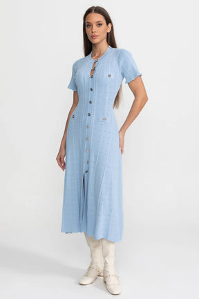 Vestido Azul Serenity em Tricô Vazado com Acabamento em Babados
