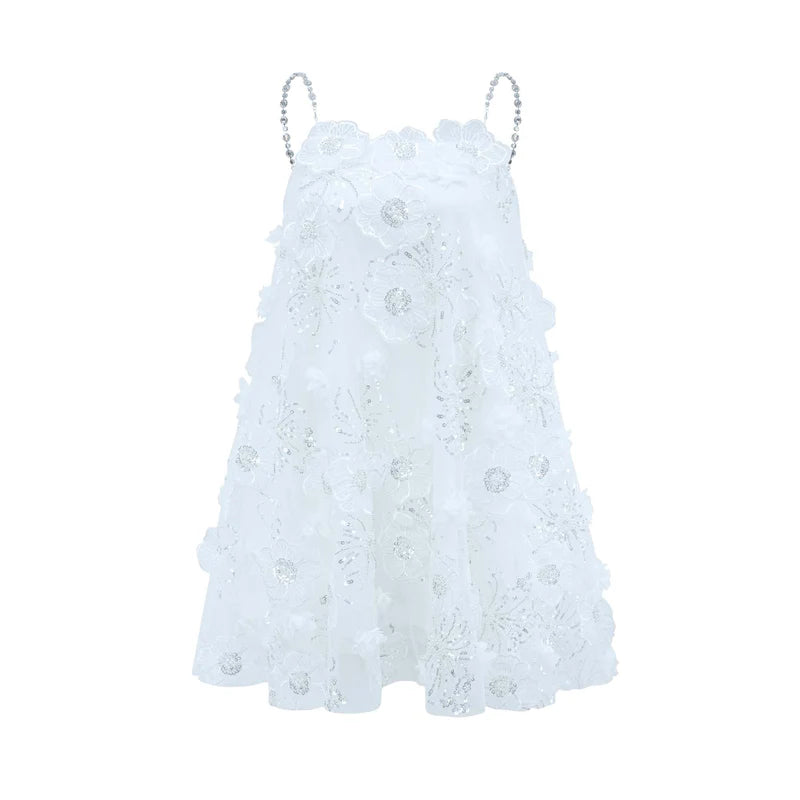 Vestido Bordado Floral, Cristais Manuais e Alças Delicadas