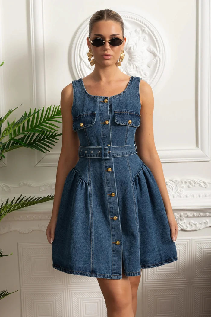 Vestido Feminino – Elegante Slim, Decote Quadrado, Sem Manga, Cintura Alta, Botões Decorativos, Estilo Sofisticado