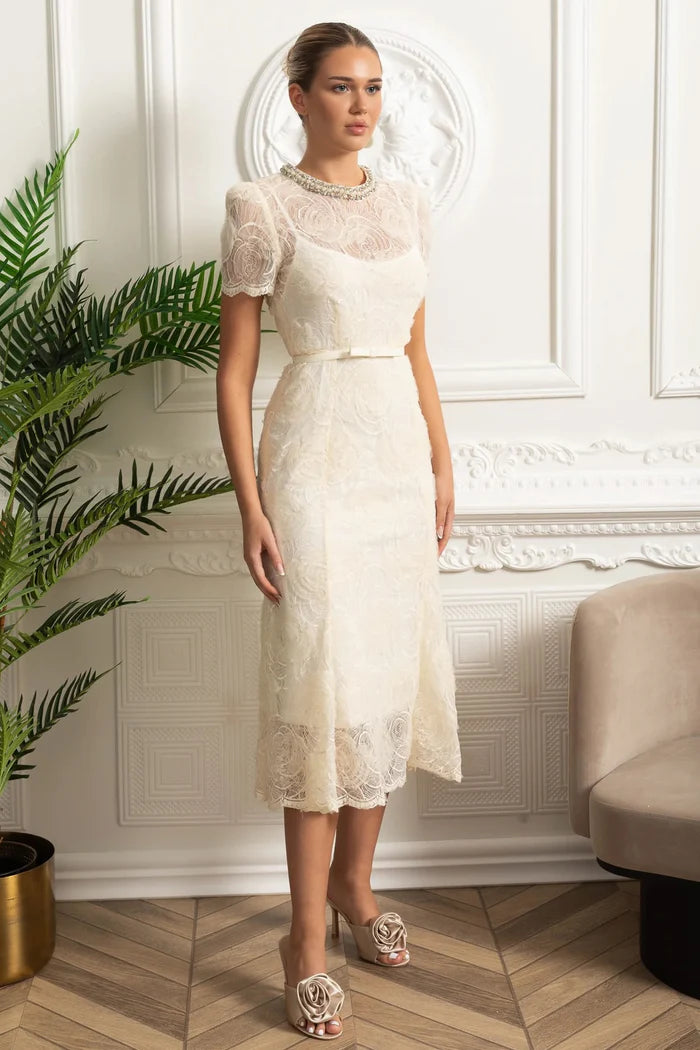 Vestido Longo – Luxo, Bordado em Renda, Detalhes com Diamantes e Cristais, Manga Curta Transparente, Modelo Midi