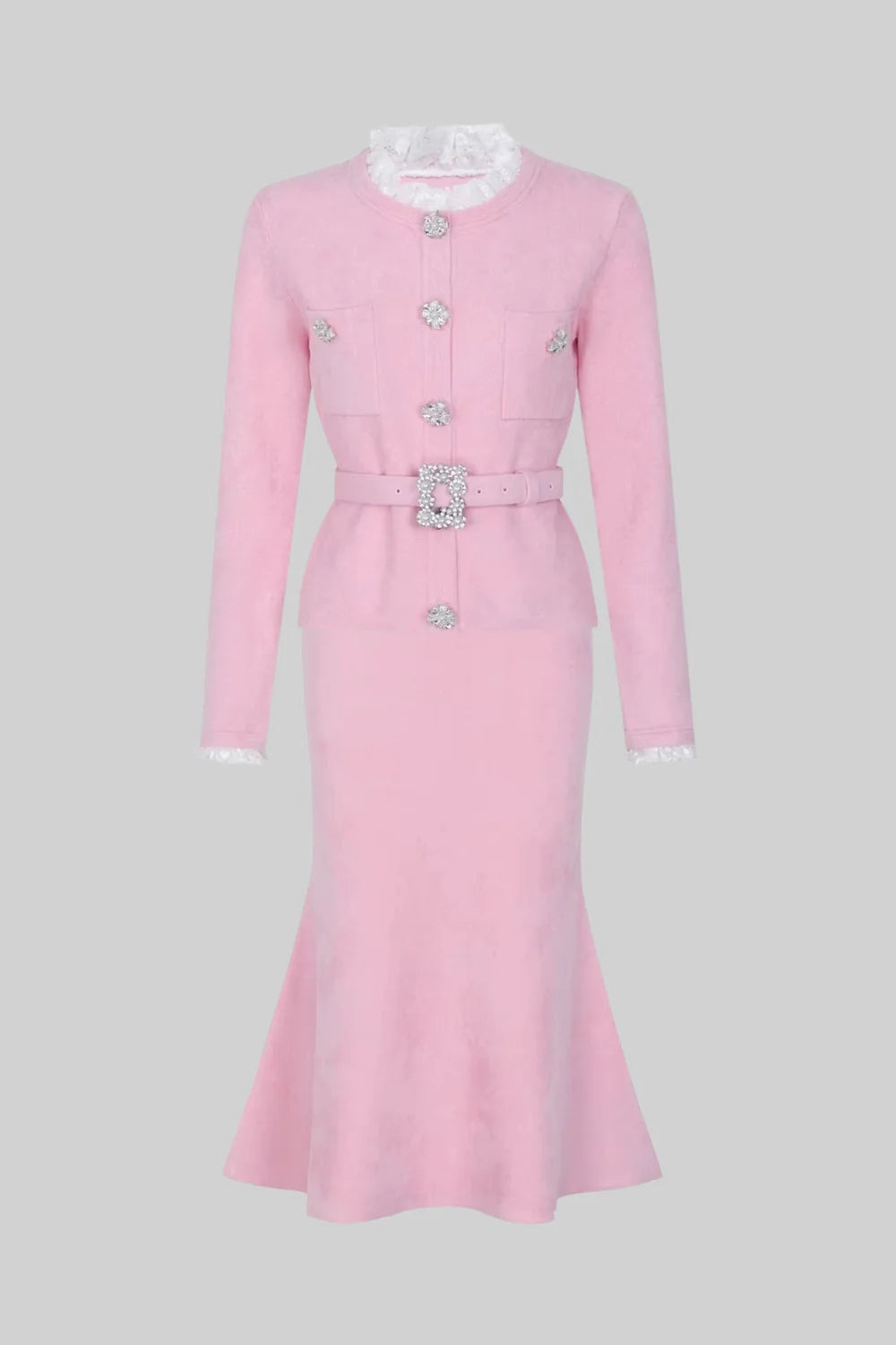 Conjunto Executivo Rosa: Casaco Estruturado e Saia Sereia Midi – Elegância