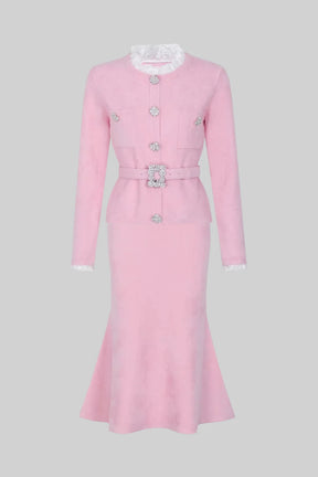 Conjunto Executivo Rosa: Casaco Estruturado e Saia Sereia Midi – Elegância