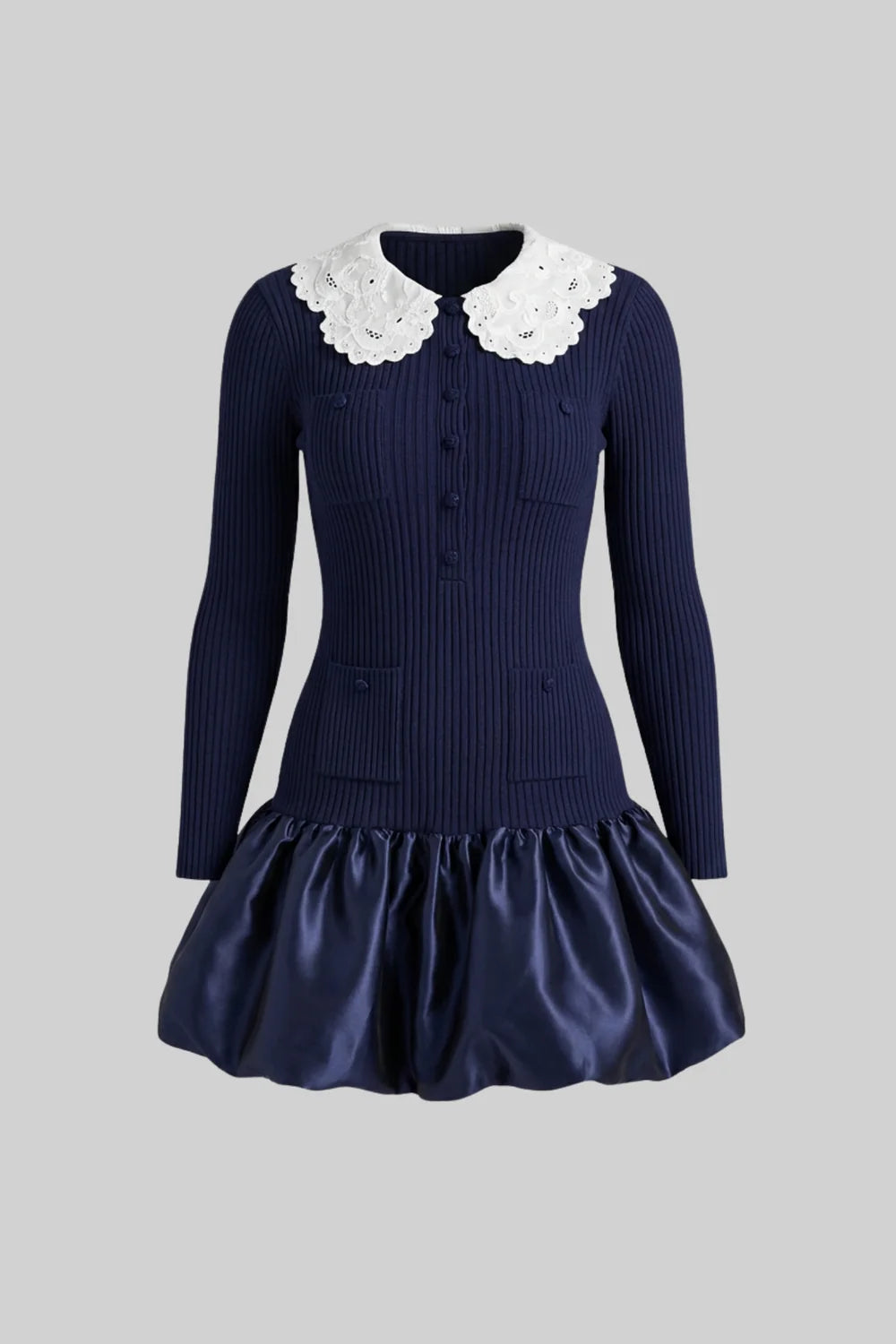Vestido Mini de Luxo com Detalhes em Renda, Mangas Longas e Saia de Volume
