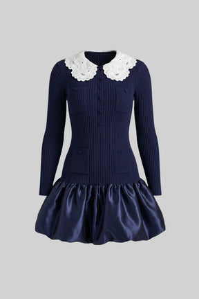 Vestido Mini de Luxo com Detalhes em Renda, Mangas Longas e Saia de Volume