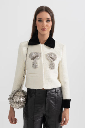 Blazer de Tweed Branco com Laço Metálico