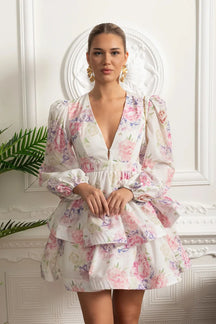 Vestido Curto Estampado – Decote V, Manga Bufante Lanterna e Saia em Camadas Estilo Cake, Cintura Império