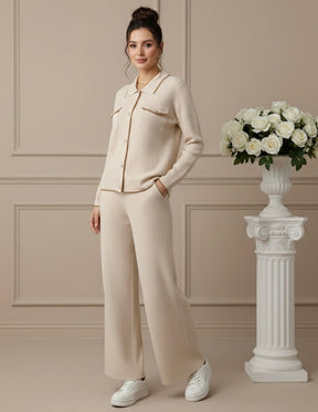 Conjunto Feminino - Estilo Francês em Tricô com Gola Polo e Calça Longa