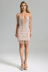 Vestido Bandagem com Franjas Decote Profundo Cintura Alta