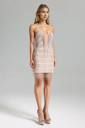 Vestido Bandagem com Franjas Decote Profundo Cintura Alta