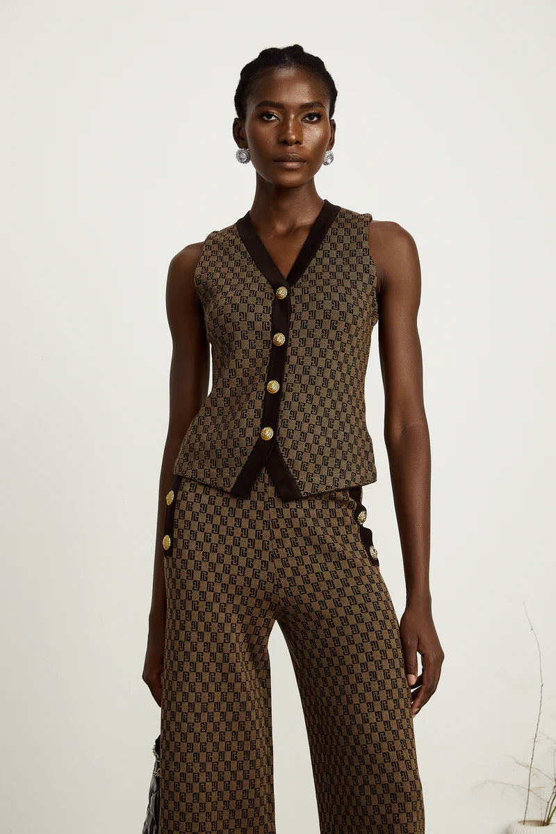 Conjunto Colete em Jacquard com Botões de Metal e Calça Pantalona